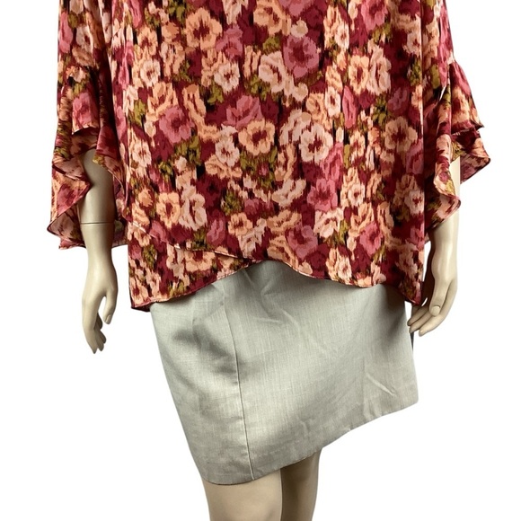 Vince Camuto 2X Rose Clay Floral Blouse Bell Sleeve Chiffon V-Neck Pink Red - Picture 3 of 7